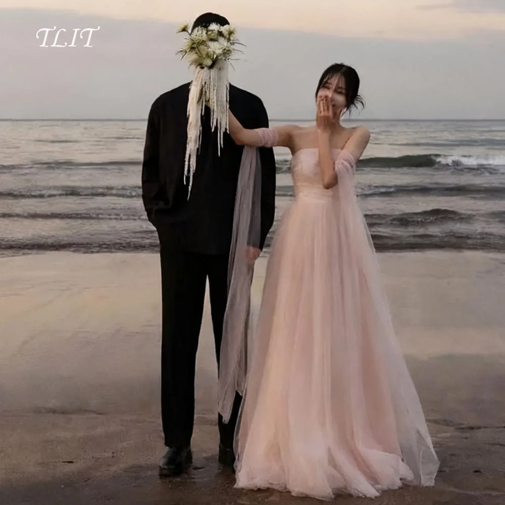 

TLIT Elegant Baby Pink Silk Tulle Evening Dresses Korea Wedding Dresses Photo Shoot Strapless Long Strap Prom Gowns Customized