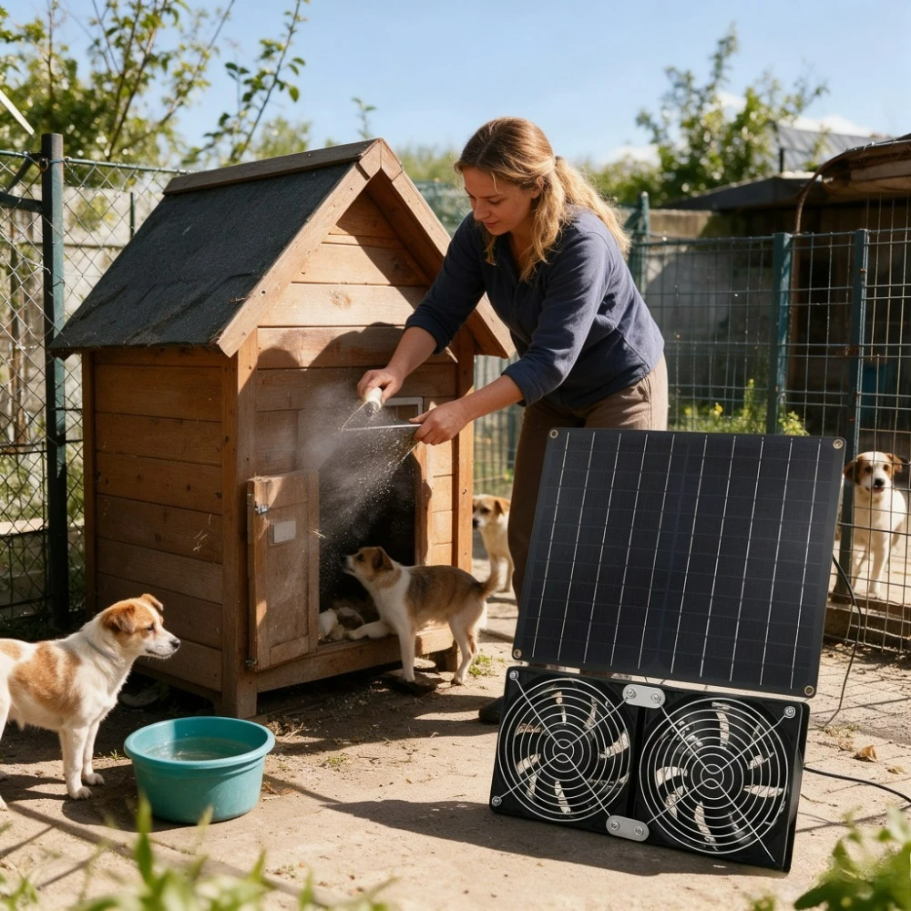 Solar Dual Exhaust Cooling Vent Fan 20W Solar Panel Powered Low Noise Large Airflow for Outdoor Chicken Coop Dog House