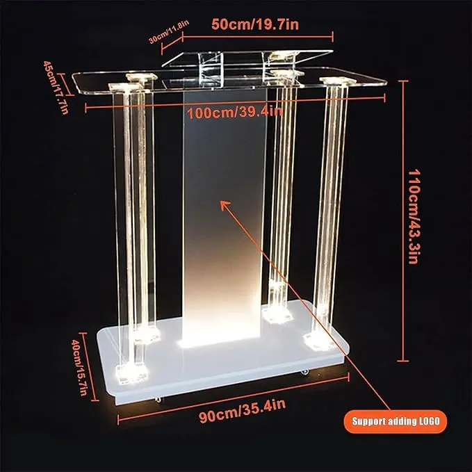 Podio-luces de podio de vidrio transparente templado, soporte de púlpito acrílico rodante portátil, iglesias, recepción, mesa de invitados, escritorio de bienvenida