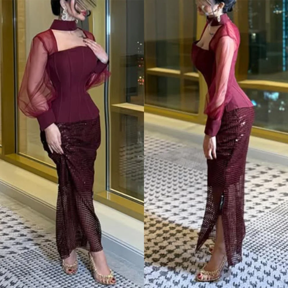 

High Quality Customized Strapless Ankle Length A-line Red Full Sleeves Vestido Madrinha Casamento Robe De Soirée Femme فساتين