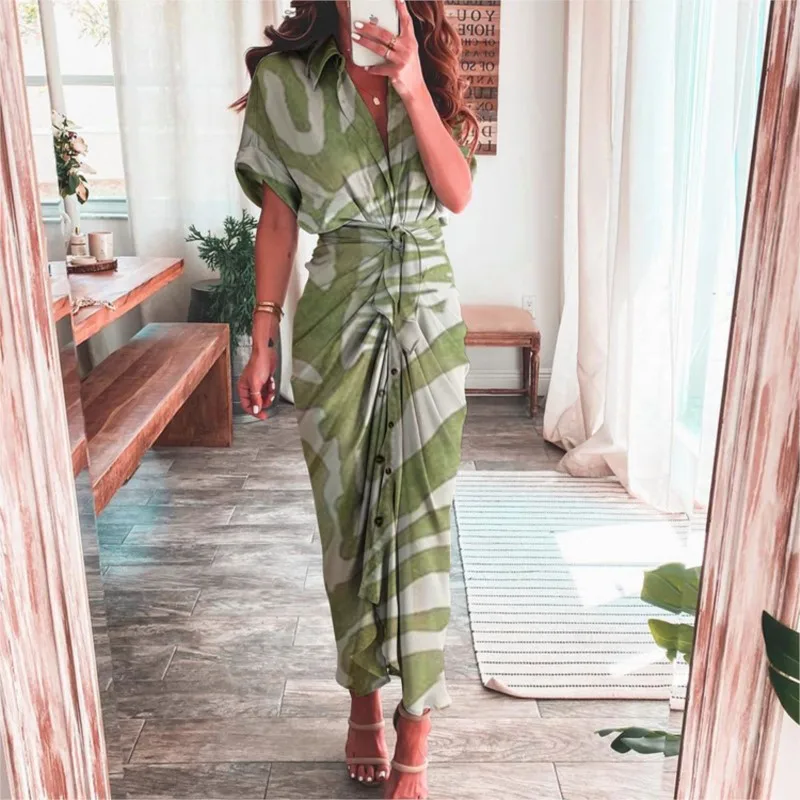Sexy Irregular Long Dress For Women Fashion V-neck Lace-up Wrinkled Buttoned Dress Elegant Short Sleeves Clothing Ropa De Mujer