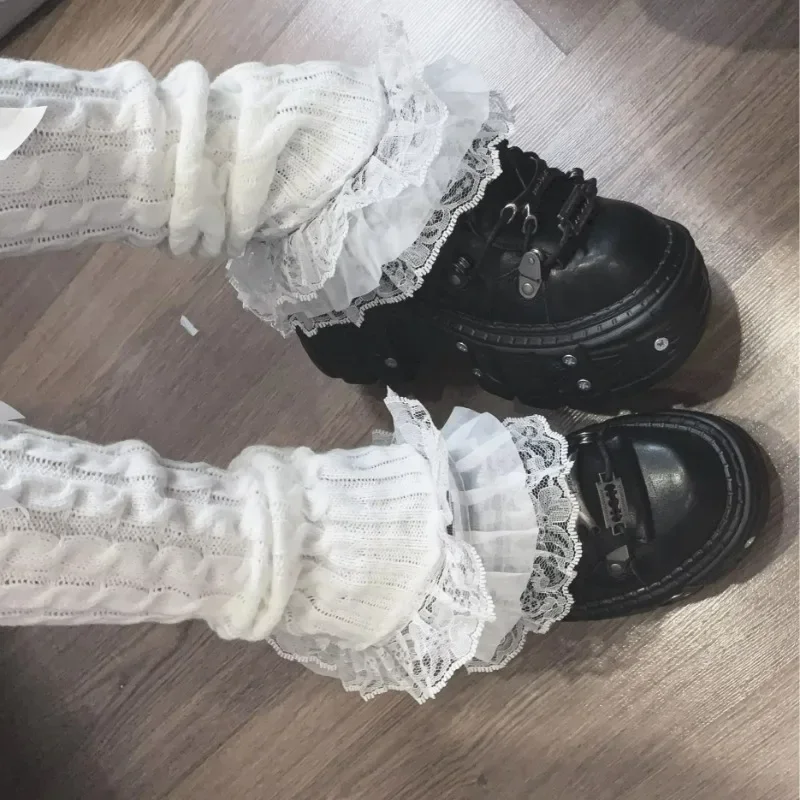 1pair Japanese Winter Warm Socks Lolita Lace Warm Leg Knitted Socks Knitted Foot Covers Leg Warmers with Bow for Women