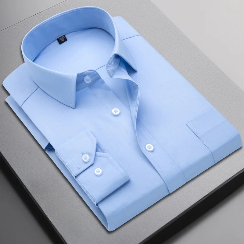 New Men Formal Shirt Long Sleeve Office Solid Color Anti-Wrinkle Fashion Business Pocket White Blue Social Pocket Shirts 6XL 7XL