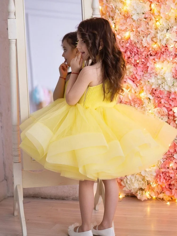 Vestidos de flores amarillas para niña, tul hinchado escalonado, un solo hombro para boda, fiesta de cumpleaños, vestidos de primera comunión