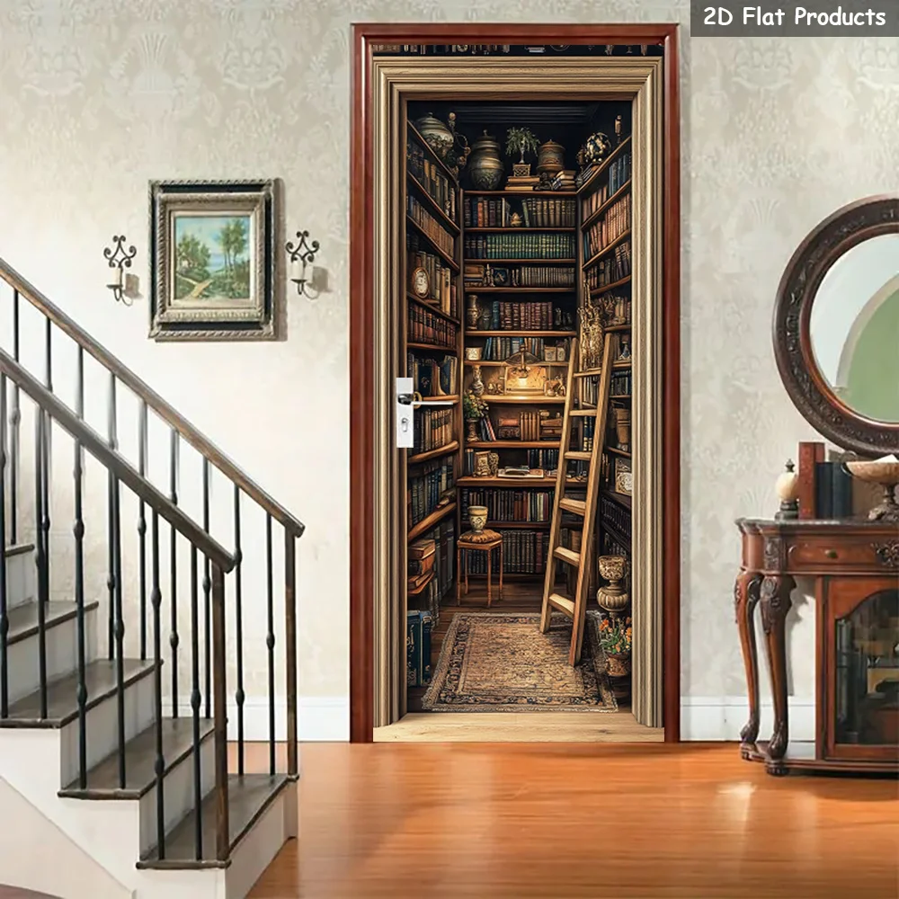 1 pair of library door stickers, ladder door stickers, warm atmosphere self-adhesive door wall stickers
