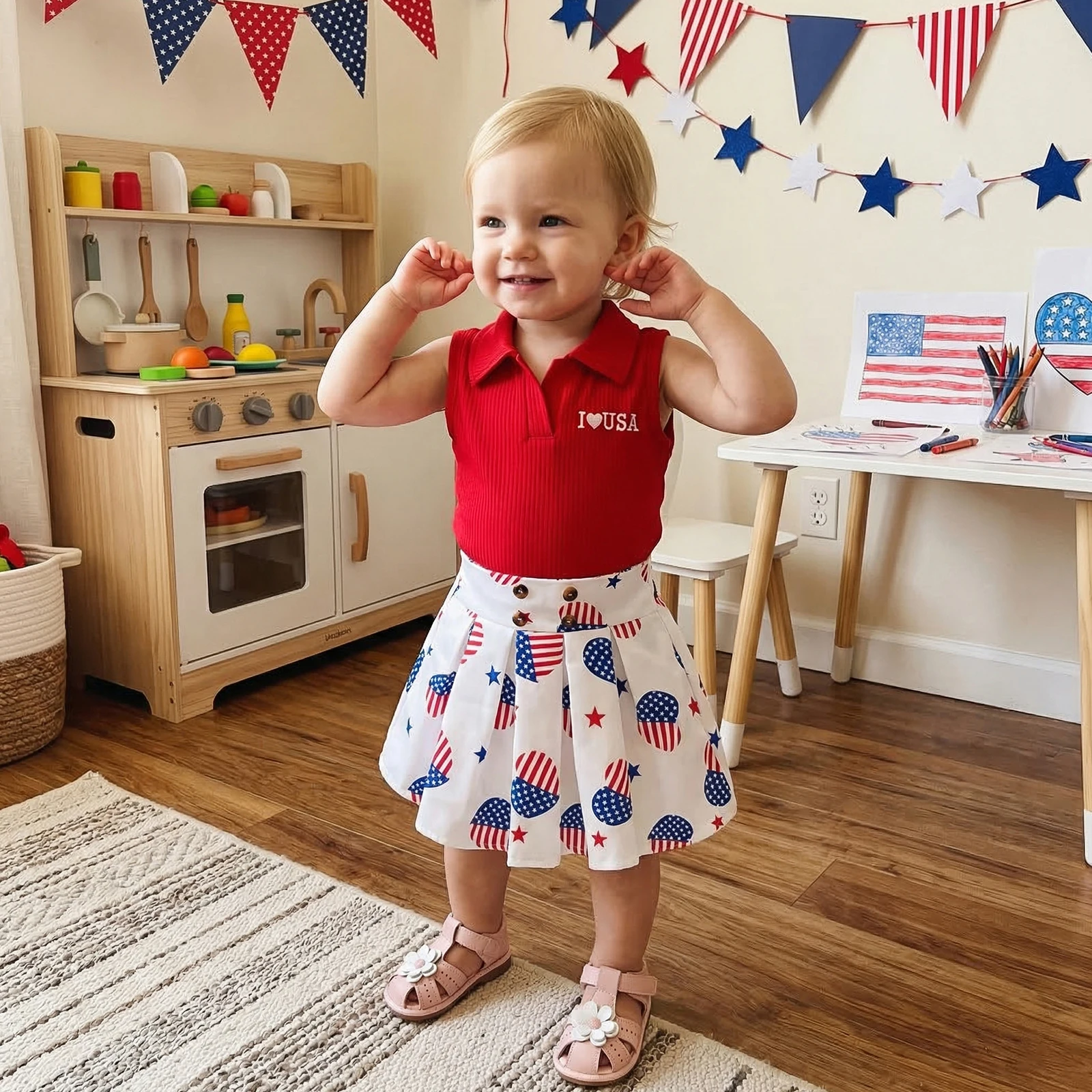1-4Y Girl Independence Day Outfit Sleeveless Lapel Tank Tops Star/Heart Print A-line Skirt Set 4th of July Clothes