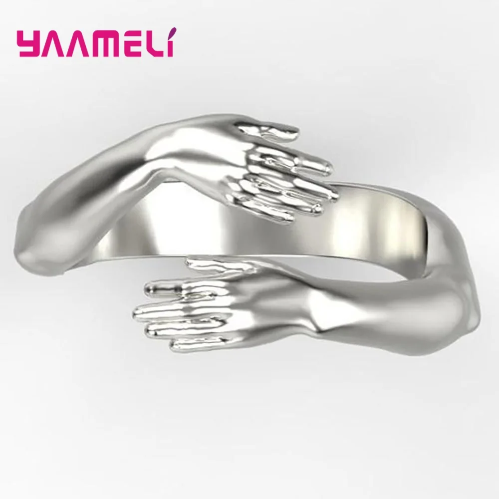 New Trendy Love Hug 925 Sterling Silver Color Ring Fashion Lady Open Adjustable Band Jewelry Gifts for Lovers Couple Platinum