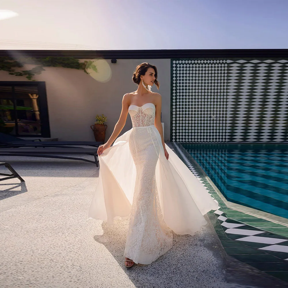 Customized Train Mermaid Bride Robe Romantic Sweetheart Neck Bridal Gown Applique Sleeveless Weddding Dress Robe De Mariée