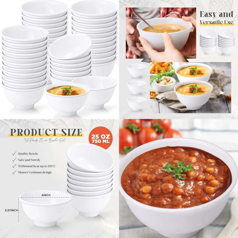 

Set of 50 Unbreakable White 10 oz Bowls for Dessert, Soup, Salad, Pasta, and Cereal - Dishwasher Safe