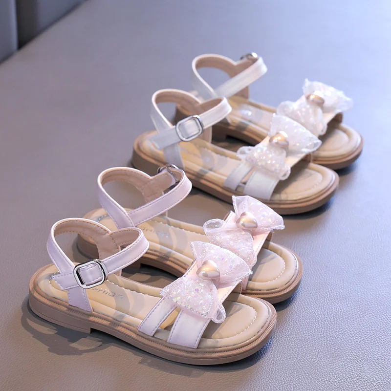 2024 New Summer Style Fashionable Comfortable and Casual Open-toe Bow Medium and Large Children's Wear-resistant Girls' Sandals