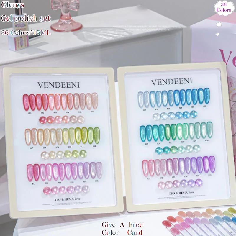 Set de esmalte de uñas gel serie ojo de gato Glenys de 36 colores, color popular neto rojo, gel de remojo, tarjeta de combinación de colores, juego de barniz UV LED 5