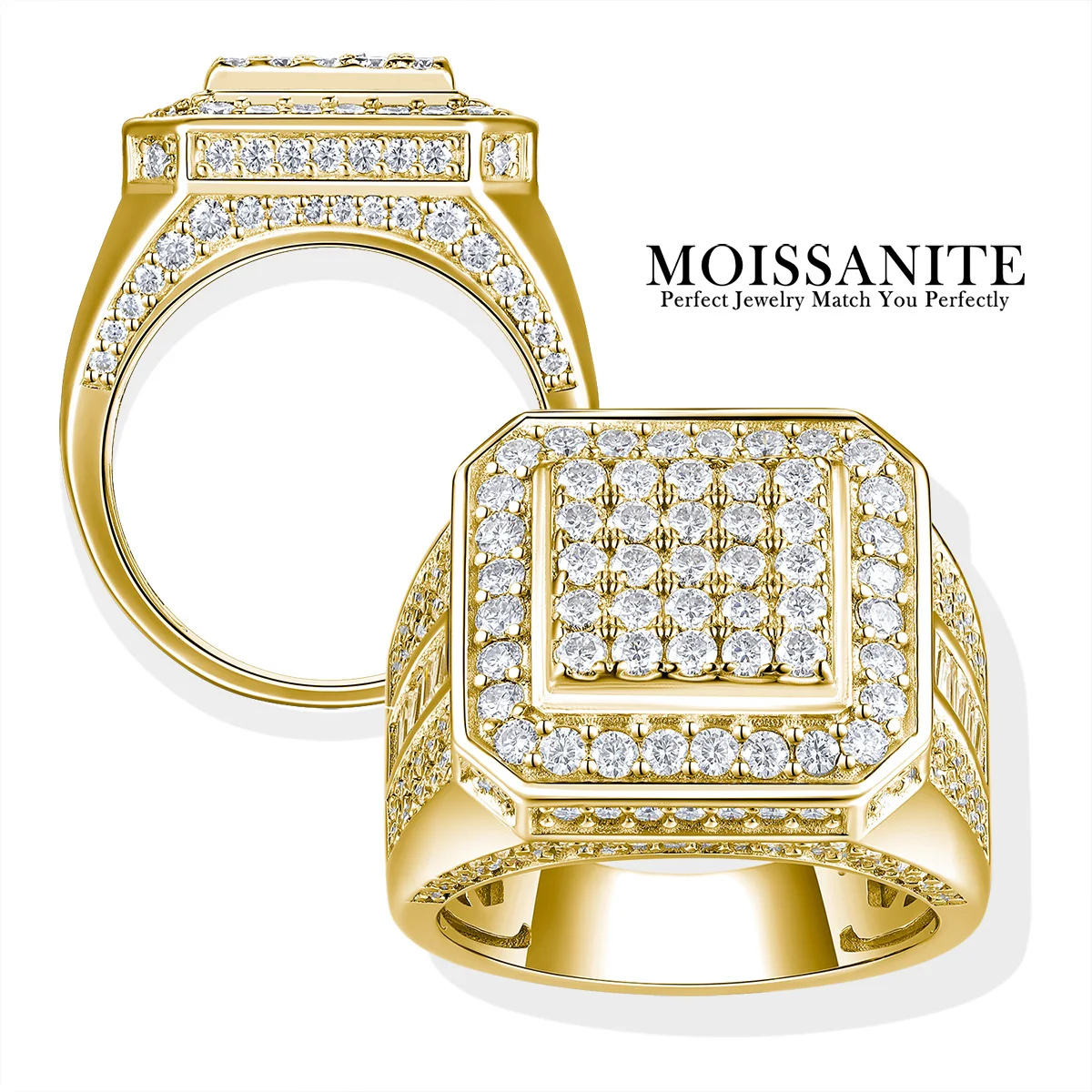 

3.814 CTW Moissanite Ring for Men Hip Hop Style S925 Sterling Silver 18K Gold Plated Statement Jewelry Gift With GRA Certificate