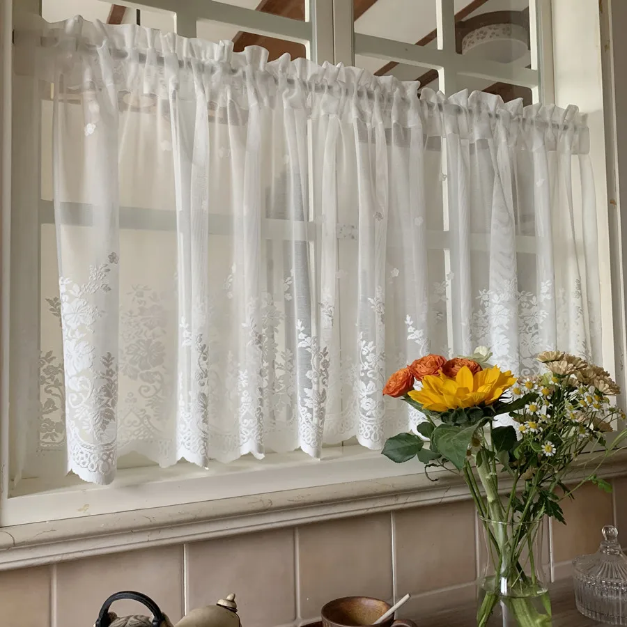 European style pastoral lace embroidery short curtain kitchen cabinet door coffee half curtain partition decoration dark green