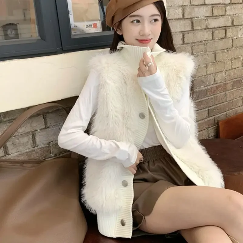 Women Fluffy Soft Vest Autumn Winter Stand Collar Knitted Patchwork Vest Sleeveless Jacket Knit Cardigan New Loose Tops Korean