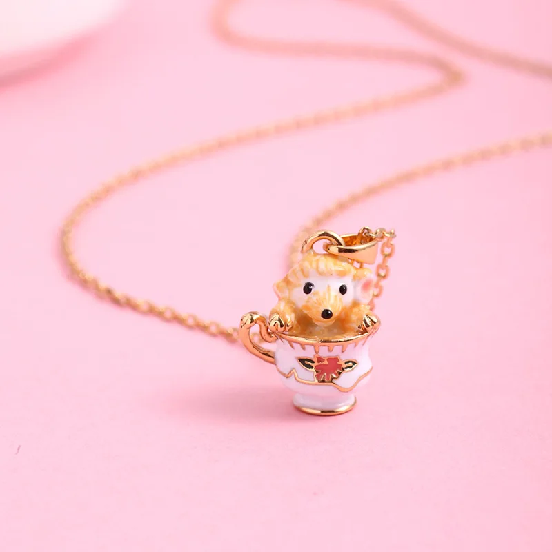 Fashion Cute Animal Pendant Hand Painted Enamel Lovely Teacup Funny Creative Small Peppy Sweeter Chain Necklace Gifts for Women