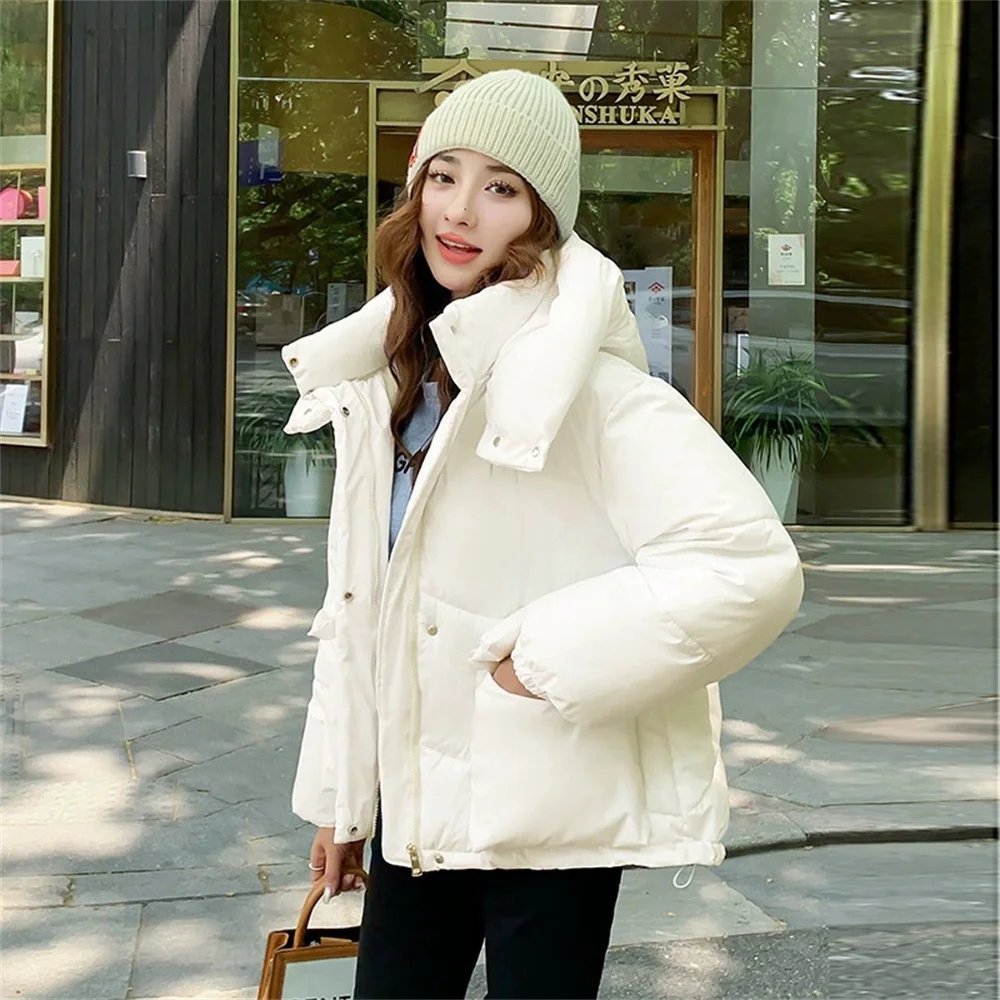 سترة نسائية مبطنة بالقطن من Streetwear معاطف قصيرة كبيرة الحجم فضفاضة بقلنسوة ملابس خبز للطلاب للخريف والشتاء