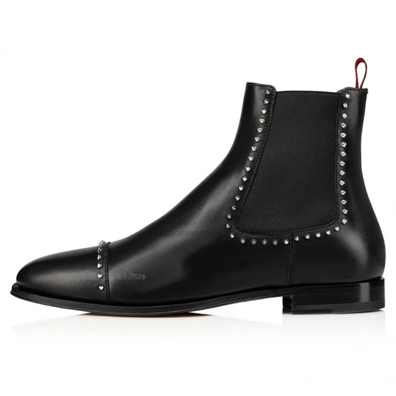 Rivets Decor Black Chelsea Ankle Boots Fashionable High Quality Slip On Men Shoes Novel Comfort Handmade Runway Men Dress Shoes