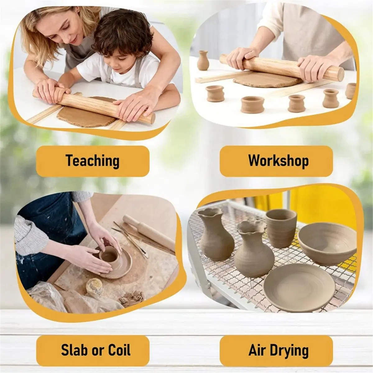 13 Pcs Pottery Tools Kit with 5 Size Teaching Rolling Mud Stick Guides, Wood Rolling Pin & Clay Fabric