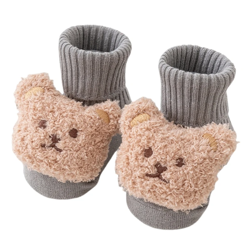 Antislip Cartoon Bear/Rabbit Floor Socks for Baby Girls Boys Winter Prewalker Socks Rubber Soles Warm Socks for Indoor