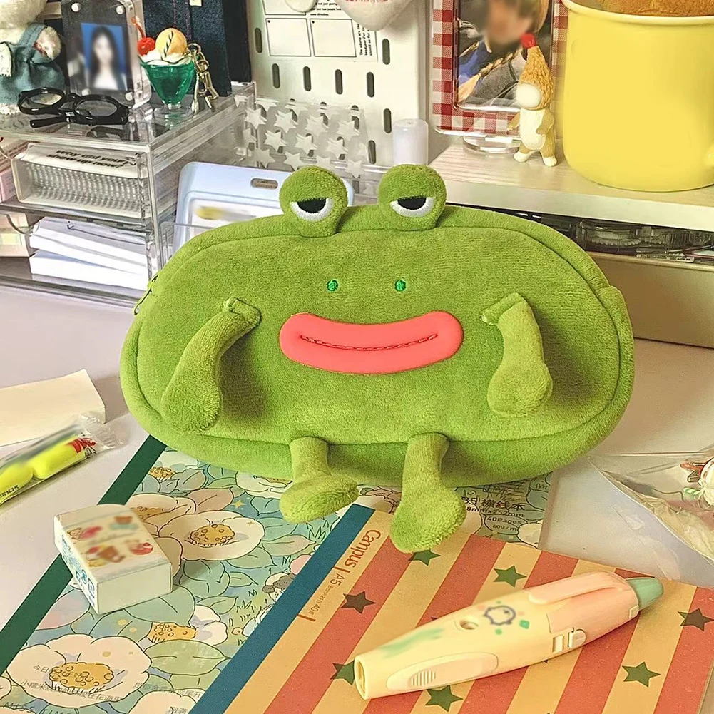 Lovely Green Frogs Plush Pen Case With Zipper Durable Pen Case Pouch Storage Bag For Adult Children