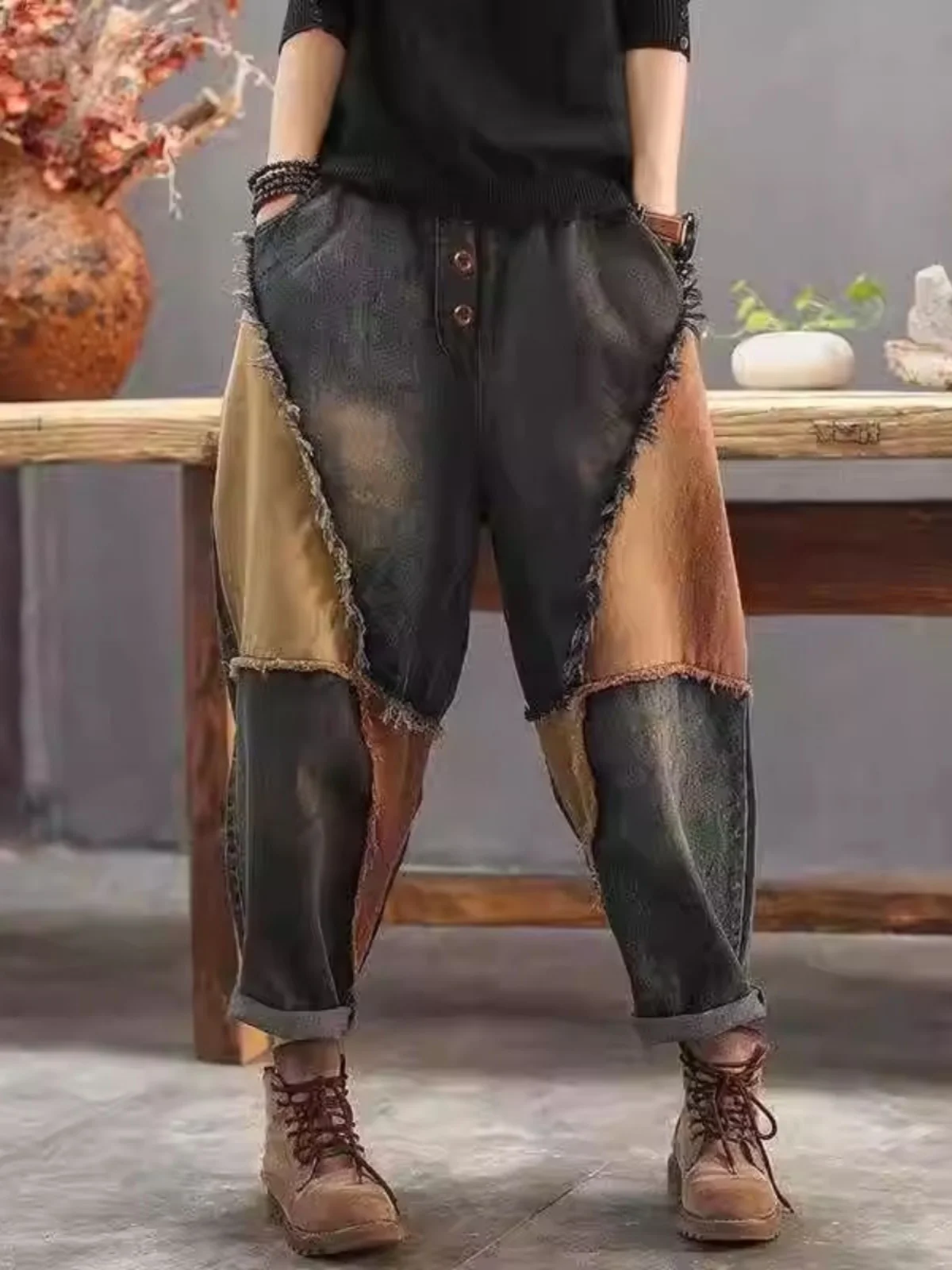 

Весна 2026 Женские винтажные джинсы с принтом и пэчворком, свободные брюки-дудочки, джинсы-палаццо с высокой талией, летние джинсы из денима с покрытием