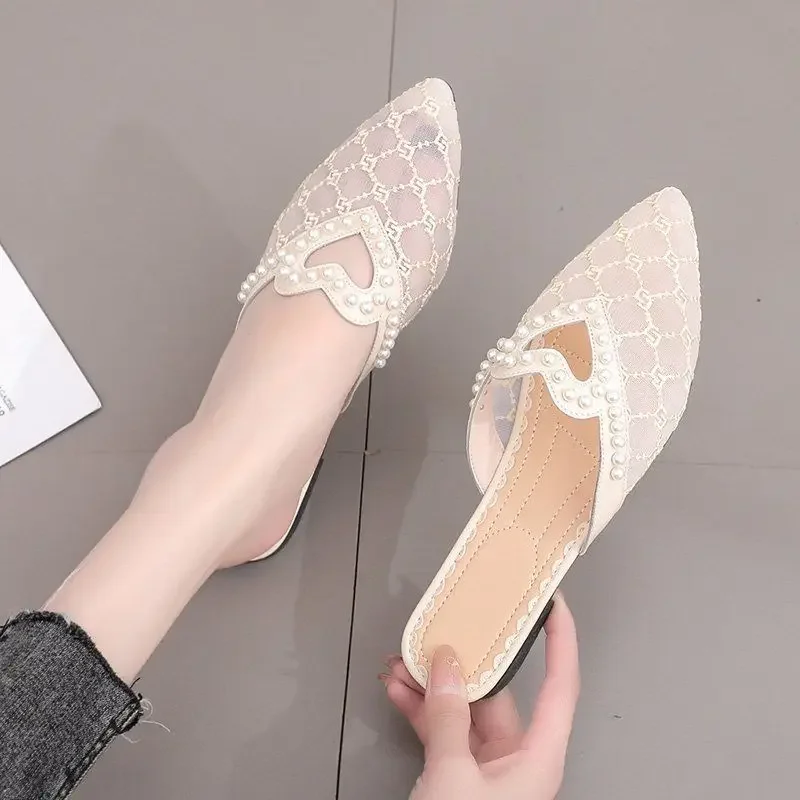 Soft Pearl Shoes Women\'s Slippers and Ladies Sandals Flat Slides Off White Outside Rubber Mules Luxury on Offer Waterproof Trend