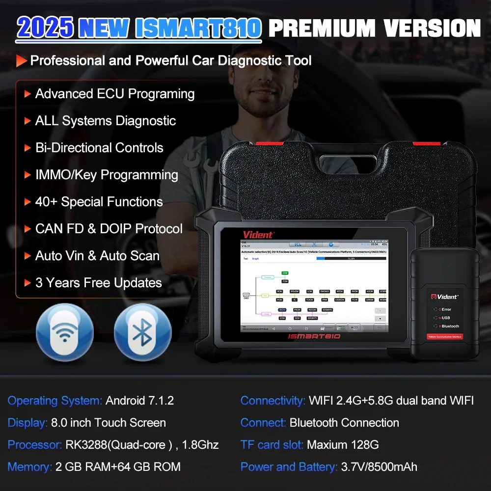 VIDENT ISMART810 Car Diagnostic Tools ECU Coding OE All System Scan Active Test  IMMO/key programmer 40 Resets With DoIP&CAN FD