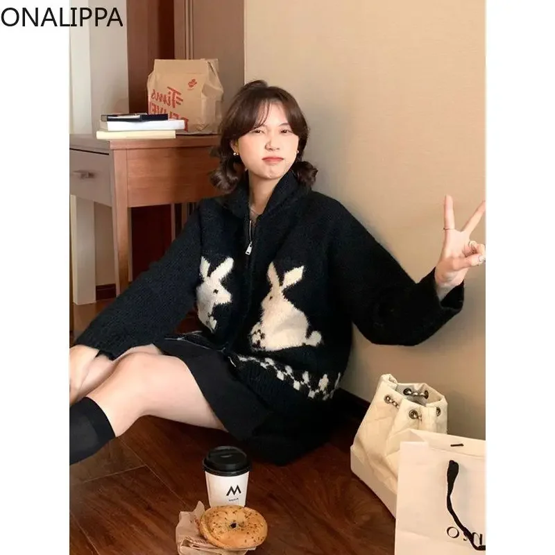 Onalippa Rabbit Jacquard Knitted Cardigan Turn Down Collar Zipper Cardigans Korean Slouchy Style Thick Contrast Sweater Women