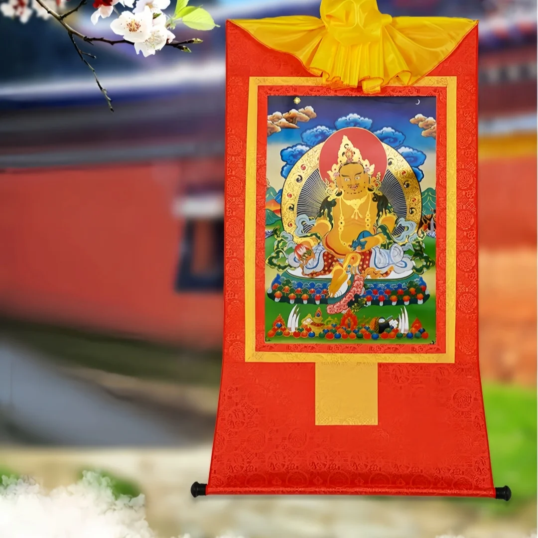 Exquisite Traditional Tibetan Yellow Jambhala Thangka Print, Red Silk Brocade Scroll for Wealth Home Wall Decor