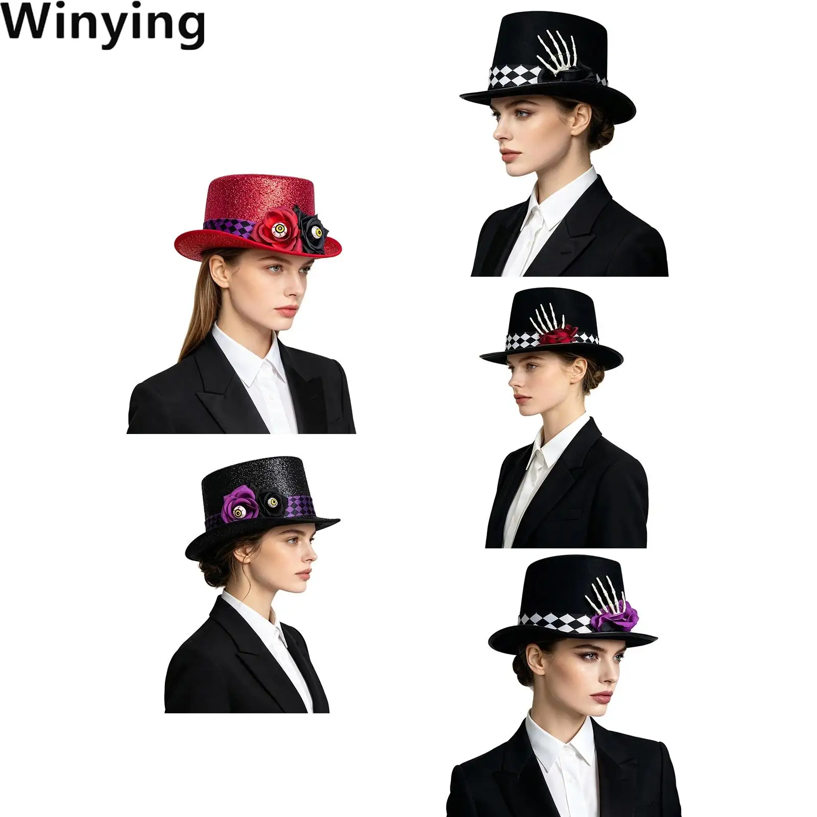 Gothic Tall Top Hat 3D Flower Decor Checkerboard Ribbon Spooky Clown Hat Costume Accessory for Adults Halloween Masquerade