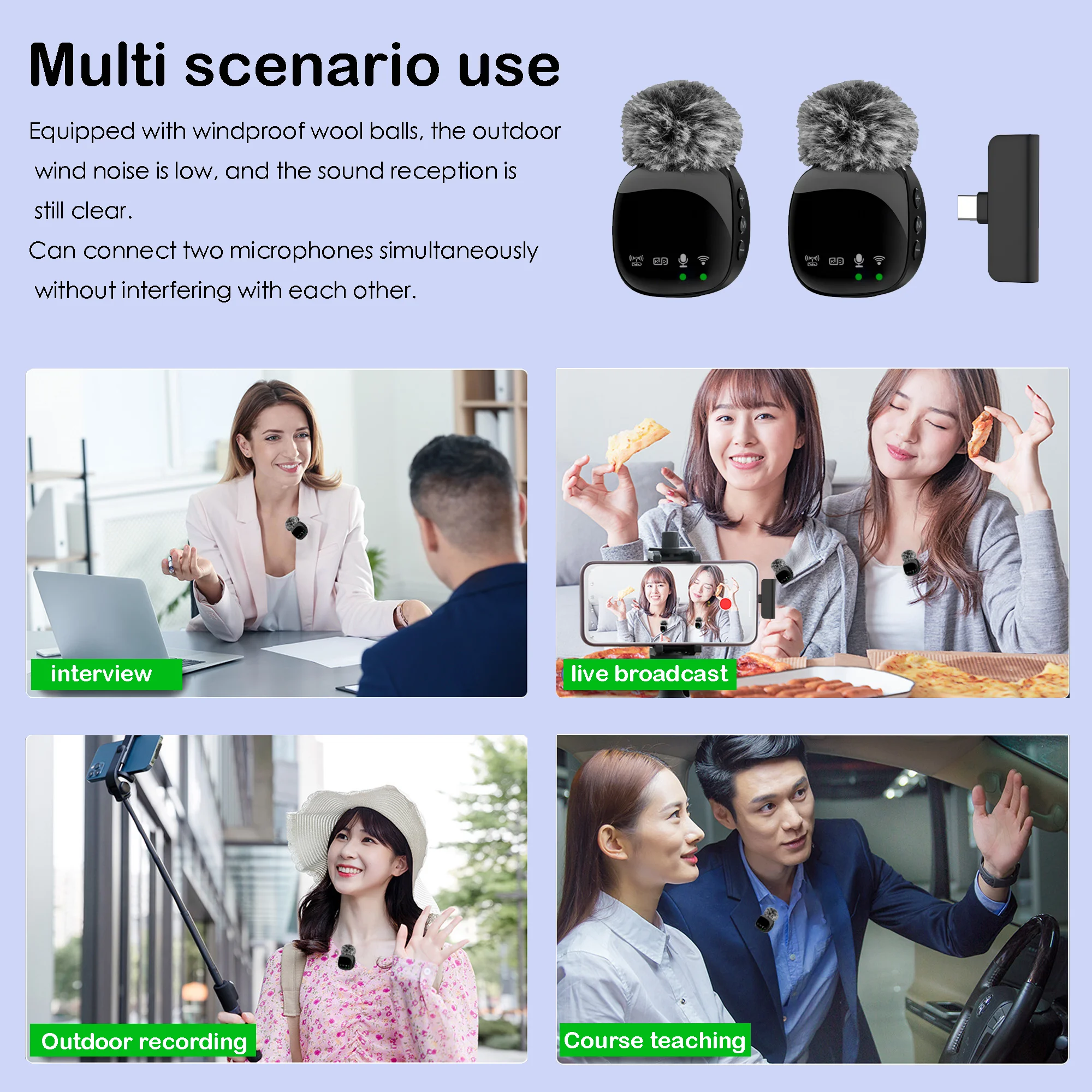 Wireless Lavalier Microphone, Long Battery Life with Windshield for Type-C Phone, Vlog Live Streaming Video Recording