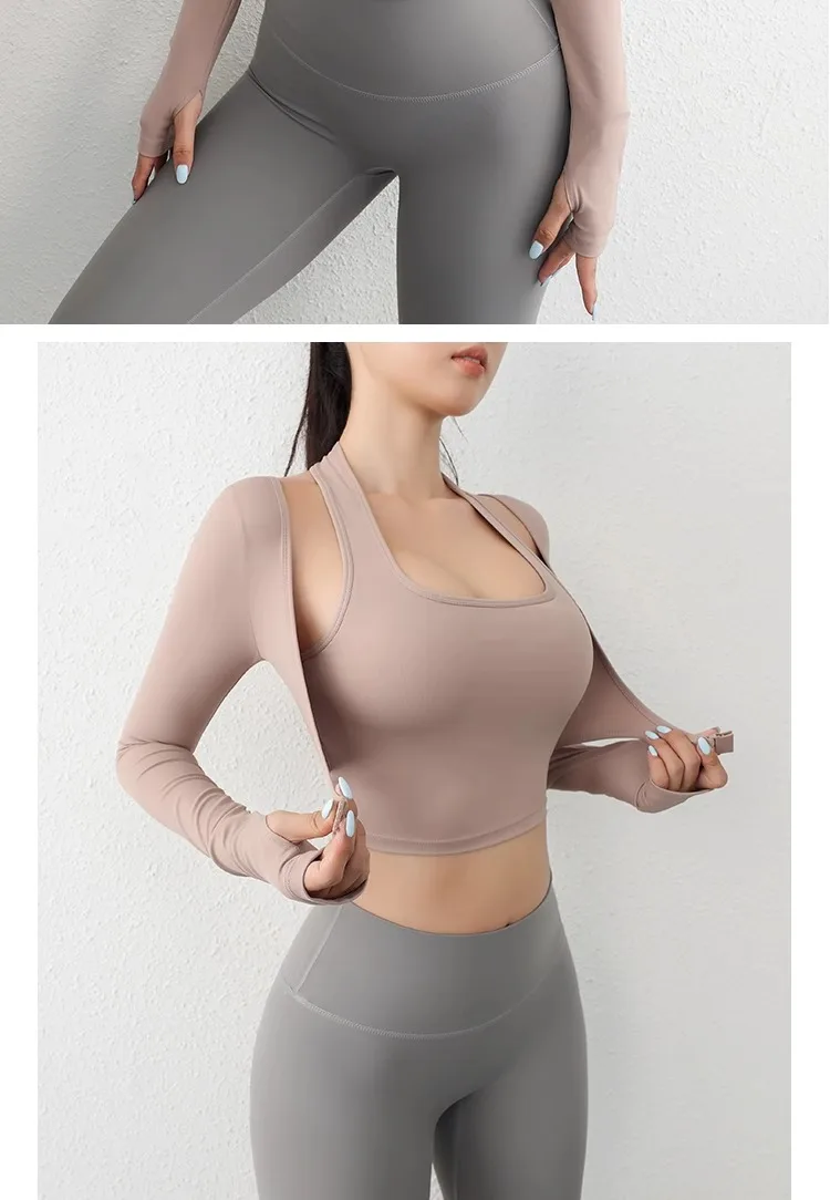 Herbst Sport Damen Oberteile Modische Langarm-Trainings-Tops mit Daumenlöchern Fitness Crop Yoga-Top – Detail 10