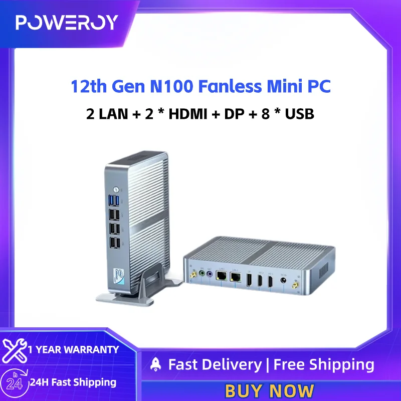 Poweroy M4 Intel N100 Firewall Router Fanless Mini PC Windows 11 Office Computer 3xStorage 3x4K Display Dual LAN MINIPC 0 Noise