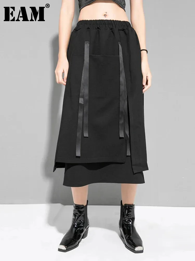 

[EAM] High Elastic Waist Black Irregular Ribbons Casual Half-body Skirt Women Fashion Tide New Spring Autumn 2024 1DF5318