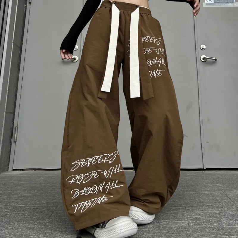 ANJY Spring Autumn New Women Tide Retro Drawstring Elastic Waist Letter Print Wide Leg Sweatpants Chic Loose Casual Pants A22939