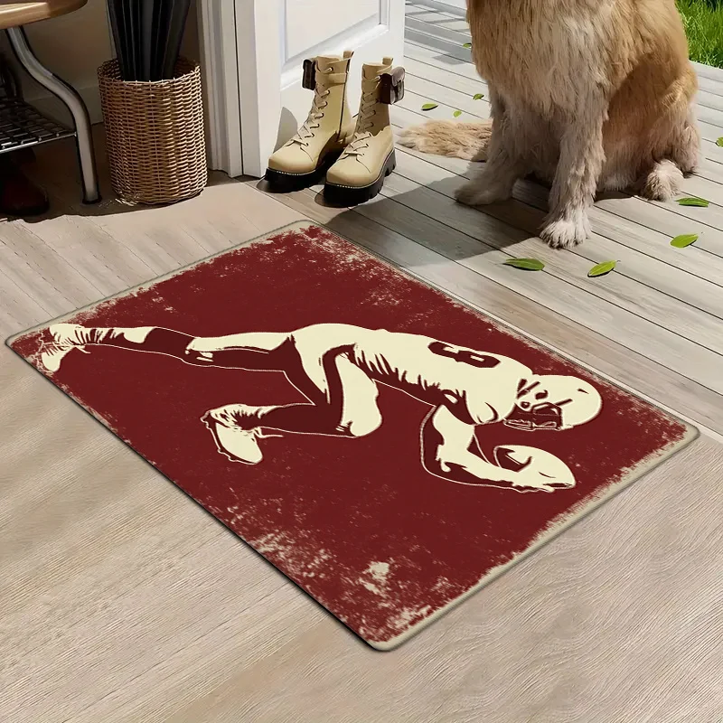 1pc Vintage American Football Player Silhouette Doormat - 0.47inch Thick Flannel, Non-Slip & Machine Washable, Artistic Sports S