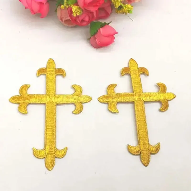 5Pcs Gold Jesus Crosses Embroidery Patches Lace Fabric Decoration Church Appliqued Lace Trims Iron On Badges Hat Bag Shoe Decor