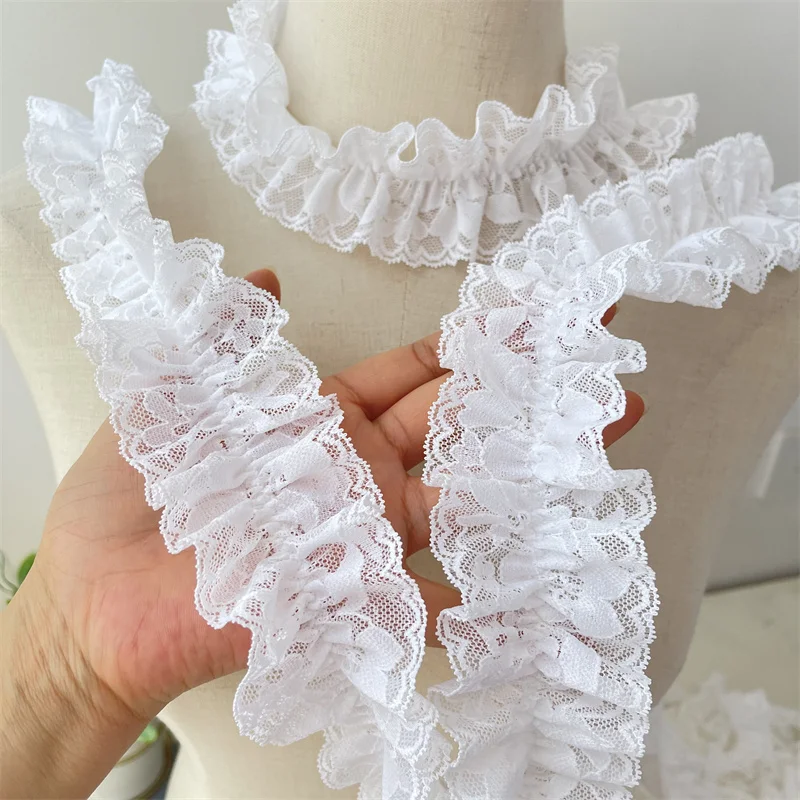 1 Yard 4CM Wide White Mesh 3D Pleated Elastic Lace for Fringes Trim Prom Party Dress Curtains Doll Sewing Accessories Supplies