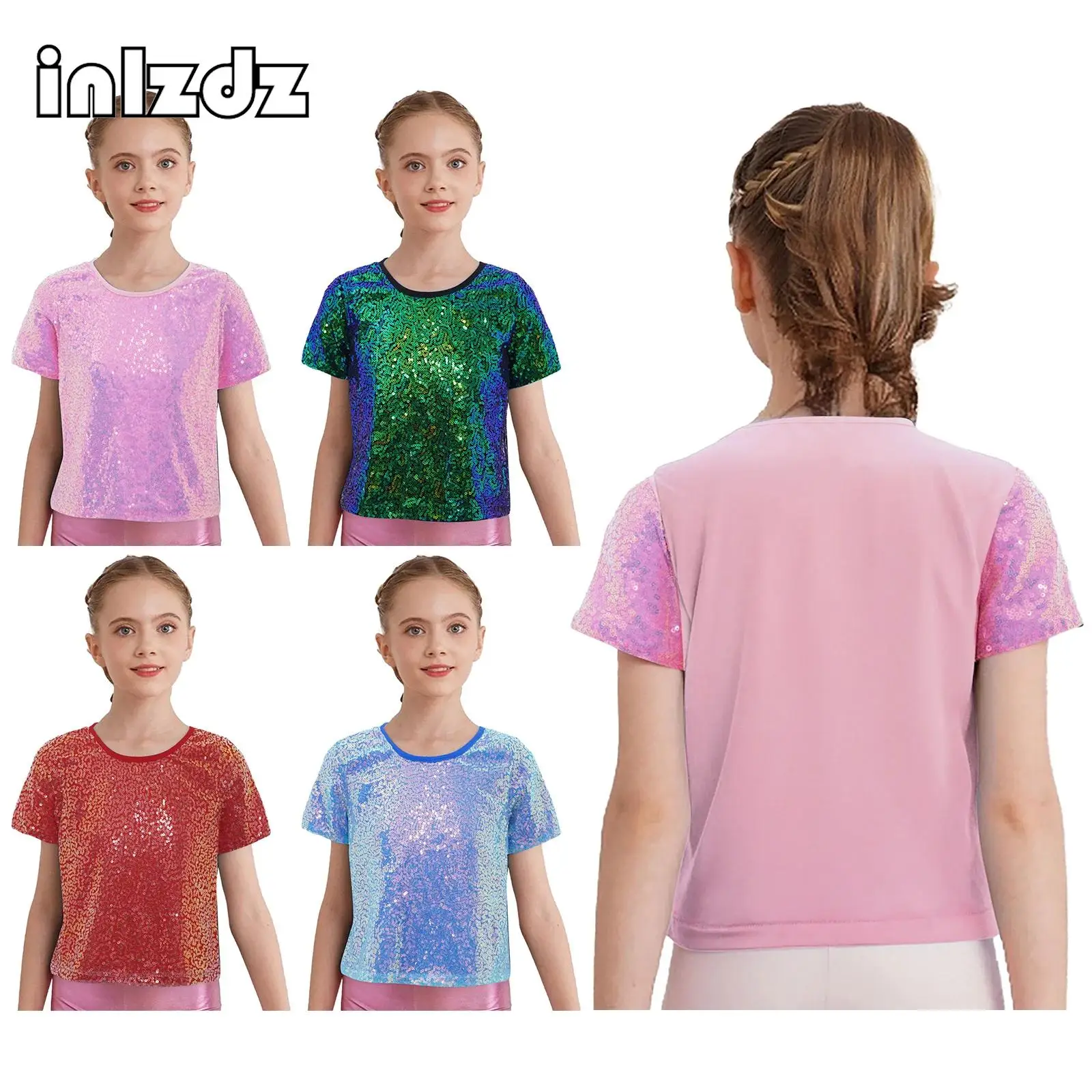 

Kids Girl Round Neck Short Sleeves Shiny Sequins T-shirt for Cheerleading Jazz Hip Hop Dance Stage Performance Party Street Wear