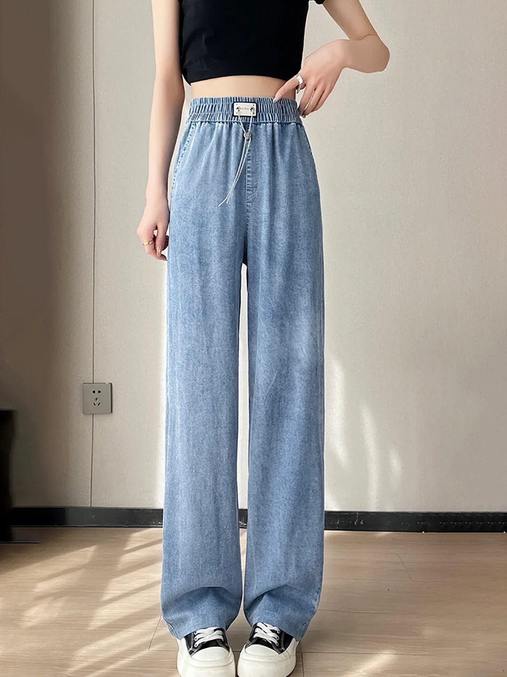 Ice Silk Jeans Women's Summer Thin 2024 New High Waist Loose Straight Wide Leg Pants Fashion Chain Slim Denim Trousers
