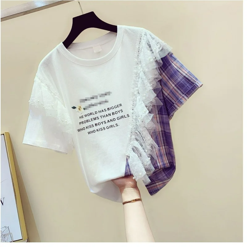 

Summer Korean Trendy Loose Age Reducing Tees O Neck Short Sleeve Lace Patchwork Tops Plaid Contrast Color Beading Women T-shirts