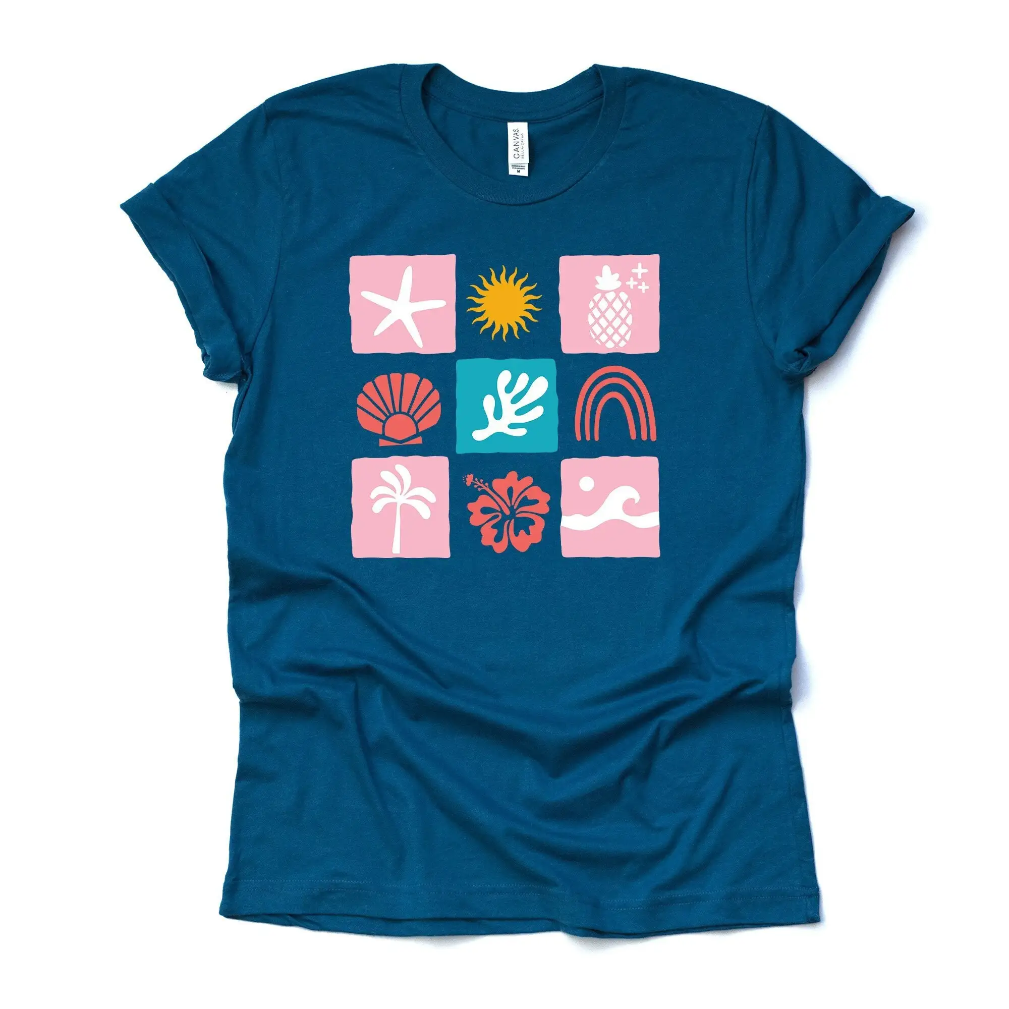 Summer T Shirt Fun Checkered Blocks Sun Palms Starfish Design On Premium Unisex 2 Color Choices 3X 4X Plus