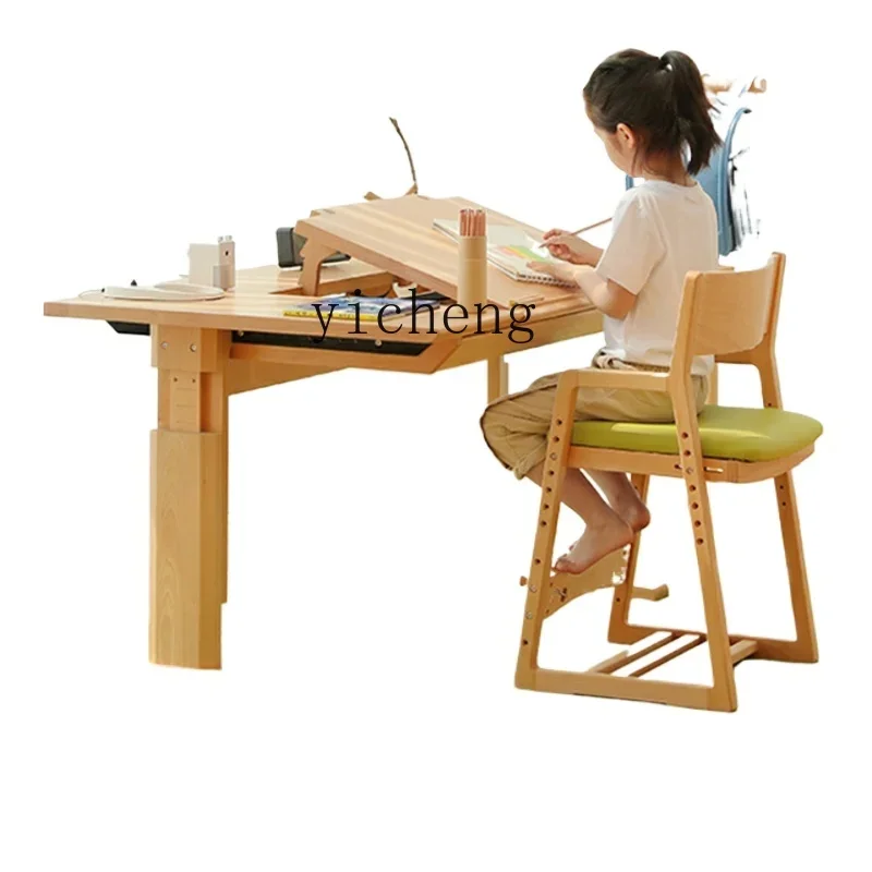 

Tqh Children's Study Desk Elementary School Student Adjustable Desk Solid Wood Home Writing Table and Chair Suit