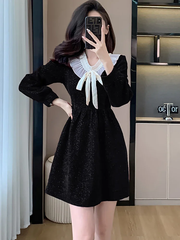 Autumn Winter Red Bright Silk Velvet Patchwork Bow Mini Dress Women Elegant Luxury Evening Dress 2024 Korean Vintage Party Dress