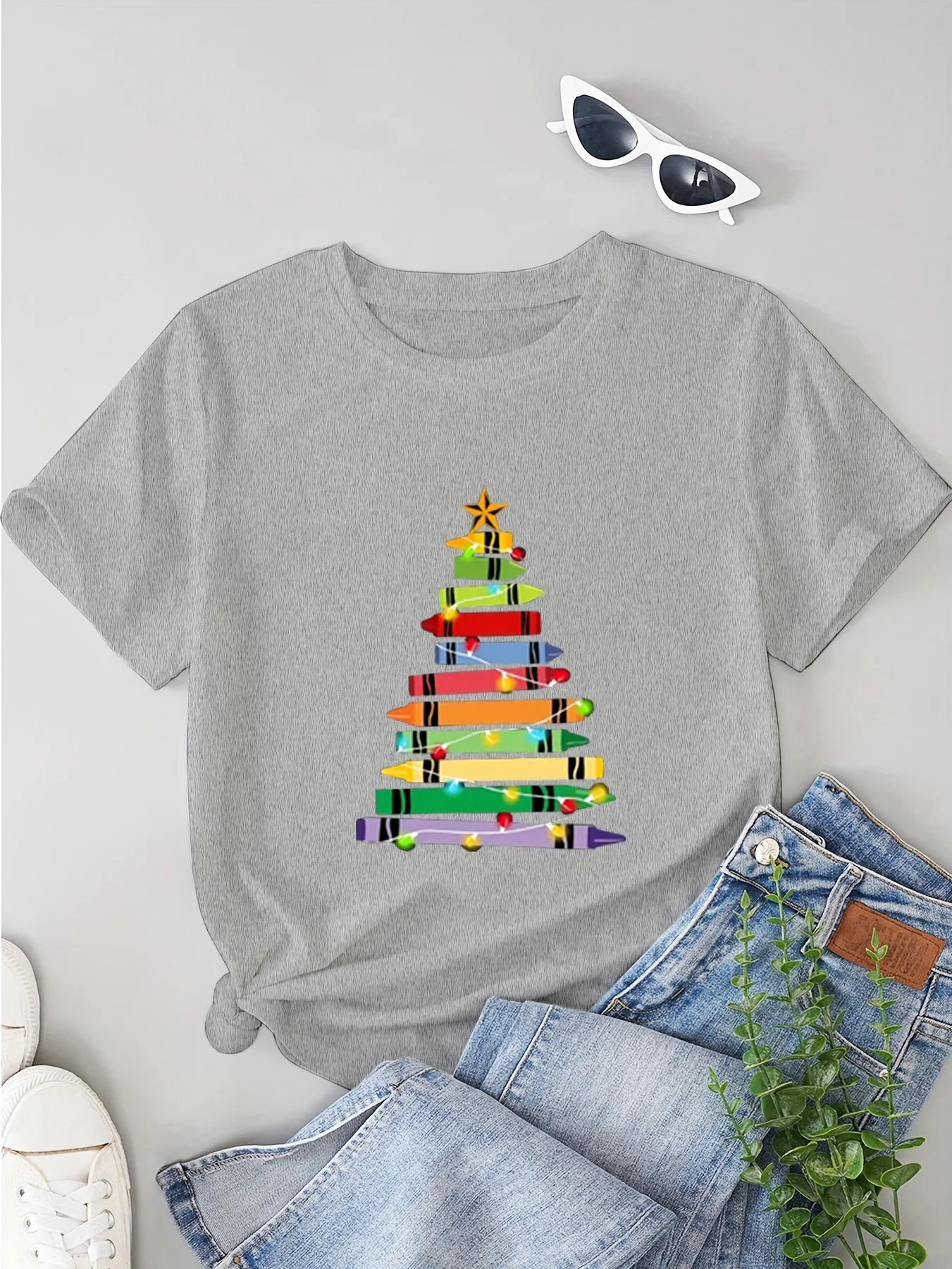 تي شيرت بأكمام للنساء كاجوال برقبة دائرية وشجرة تلوين عيد الميلاد الخفيفة هدية للمعلم جرافيك هاراجوكو بأكمام قصيرة كاجوال #3