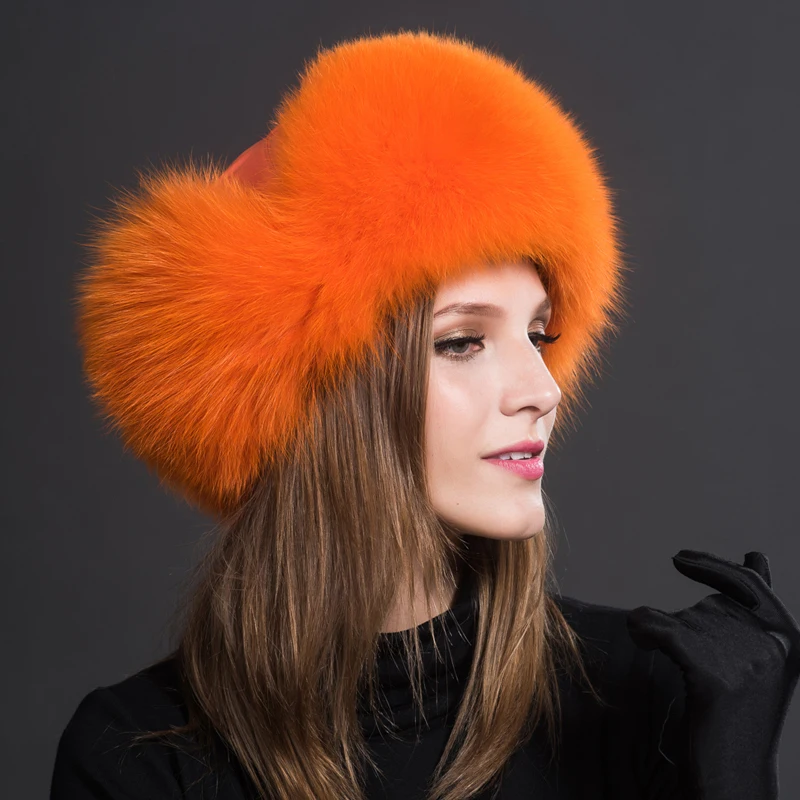 New 100% Real Fox Fur Hats Women\'s Russian Ushanka Aviator Trapper Snow Skiing Hat Caps Earflap Winter Raccoon Fur Bomber Hat