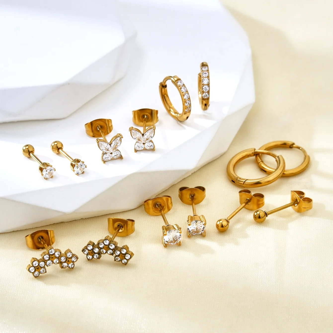 Exquisite Simple Personalized Diamond-Set Stainless Steel Earrings, Flowers, Butterflies, Zirconia Earrings Set Female