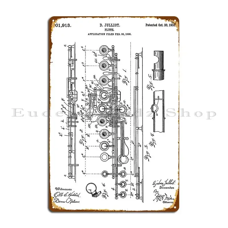 Flute Patent 1908 Black Metal Sign Decoration Classic Garage Printing Vintage Tin Sign Poster
