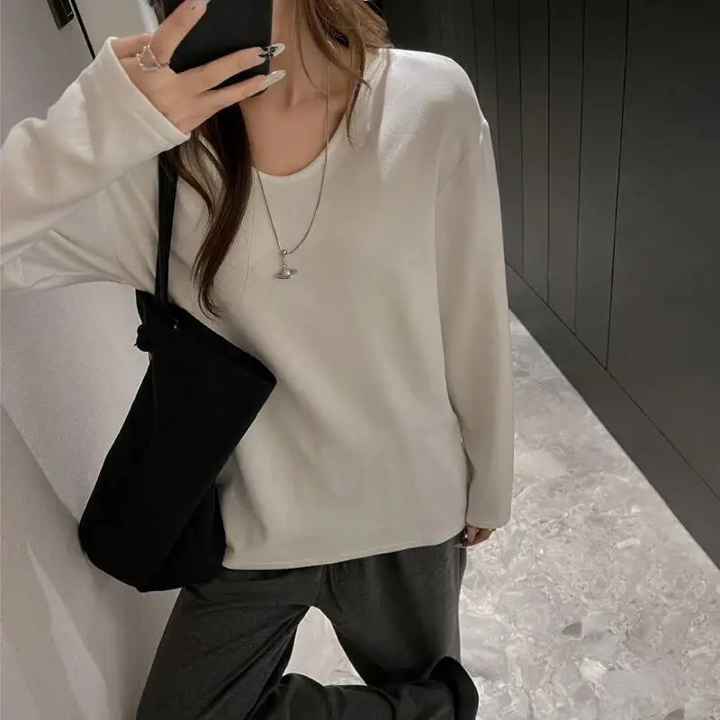 

New Solid Color Veet Bottoming Shirt Women Basic All Match Thicken Long Sleeve T Shirt Autumn Winter Simple Commute Base Tees