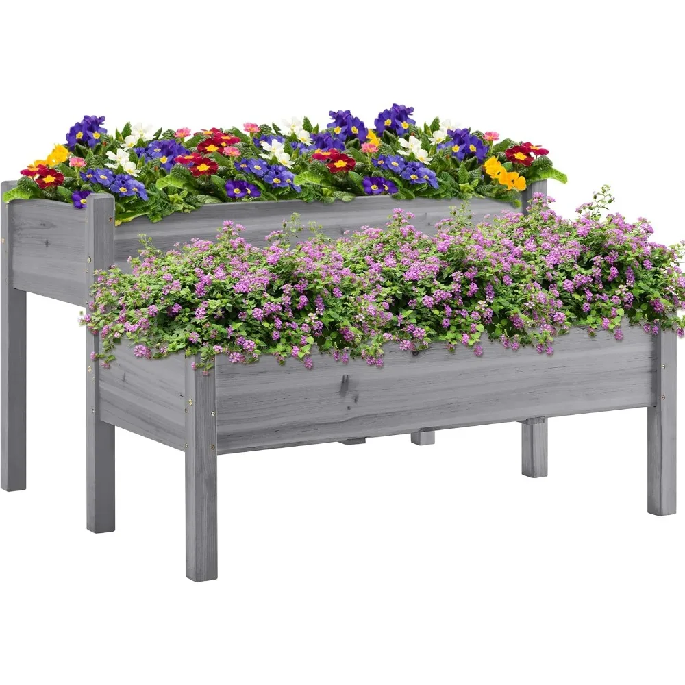 2-Tier Elevated Stand Raised Bed Planting Planter Bed Box for Flower Vegetable Gardening Outdoor,
